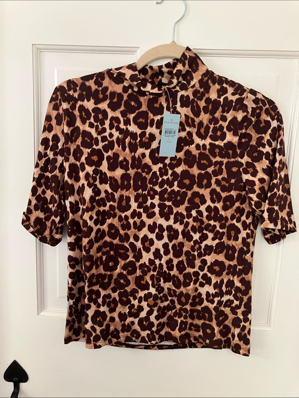 Ann Taylor Brown Leopard-Print Short Sleeve Mock Neck Top